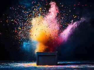 Explosion of colorful powder and confetti from a dark box