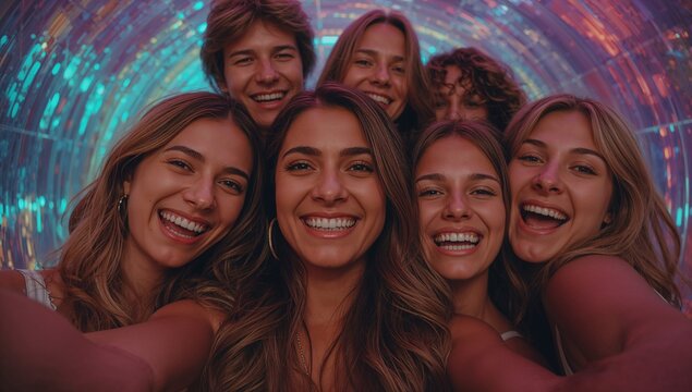 Smiling friends in summer tops taking selfie inside light tunnel, with smartphone extending forward - Powered by Adobe