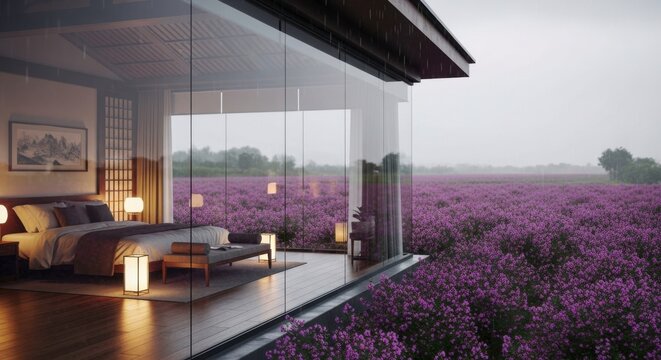 Modern city train station architecture with empty glass interior and a view of the light at night