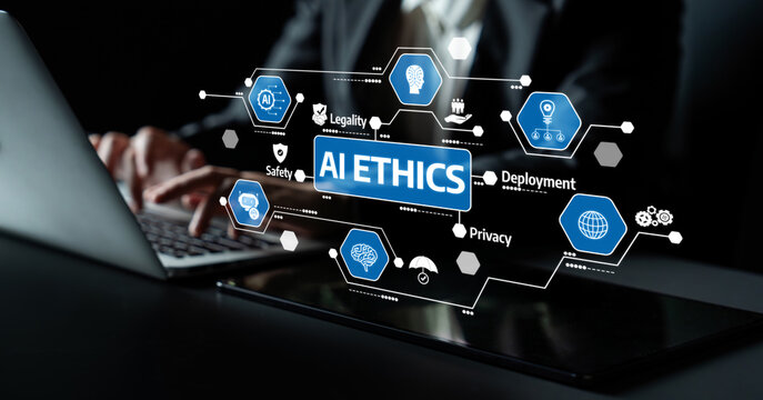 This image highlights the significance of ethical considerations in artificial intelligence, focusing on key aspects such as legality, safety, privacy, and responsible development. Tessel