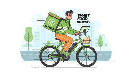 Dynamic illustration of a smiling male bicycle courier with a large green insulated bag labeled "EXPRESS" on his back, riding an electric bike through a city street, navigating with a tablet