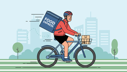Vibrant illustration of a smiling bicycle courier with a large 'Food Express' insulated bag on their back, delivering food in a modern city with skyscrapers and trees, symbolizing fast and efficient