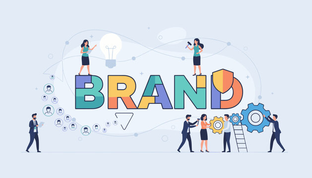 Conceptual illustration of building a brand identity and awareness through collaborative teamwork, advertising strategies, and innovative ideas, symbolizing business growth and marketing success with