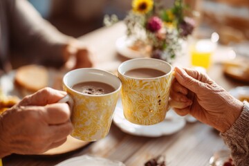 Family clinking coffee mugs together