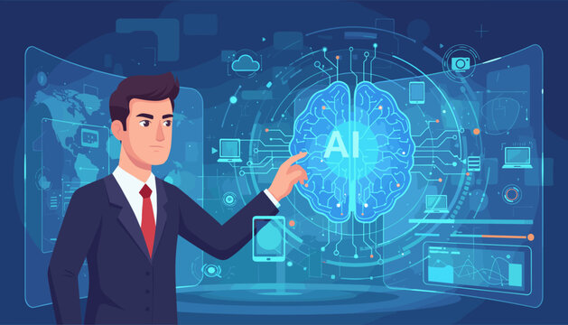 A businessman in a suit interacts with a glowing blue AI brain interface, surrounded by futuristic technology, data visualizations, and digital screens displaying global maps and charts, representing