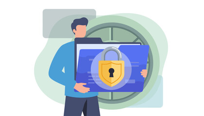 Modern flat illustration of a man holding a secure digital folder with a prominent golden padlock icon, symbolizing data privacy, confidentiality, and protection of sensitive information in a