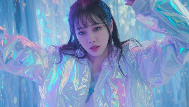 Posing model showcasing iridescent jacket and dangling earrings on studio set, with tinsel backdrop - Powered by Adobe