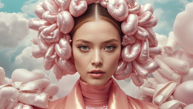 Showcasing female model wearing pink outfit in studio sky set, with heart balloon headpiece - Powered by Adobe