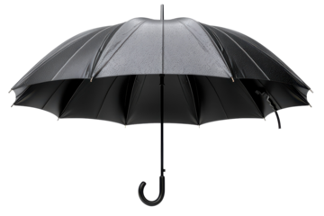 Elegant black umbrella with raindrops for weather protection needs on transparent background