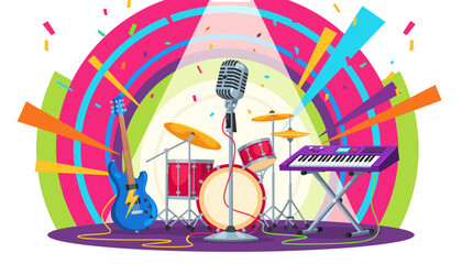 Vibrant and dynamic illustration of a stage setup featuring a classic microphone, a blue electric guitar with a lightning bolt emblem, a red drum kit, and a purple keyboard on a stand, all bathed in
