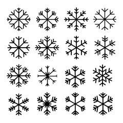 Diverse snowflake designs in a grid pattern, showcasing intricate shapes and details