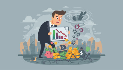Economic collapse concept: a distressed businessman holds a broken tablet showing a downward trending graph amidst a chaotic scene of falling money, a shattered piggy bank, a sinking ship, and a