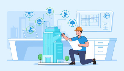 Innovative engineer meticulously designing a modern skyscraper model, surrounded by futuristic technology icons like drones, servers, and cloud computing, symbolizing smart city development and