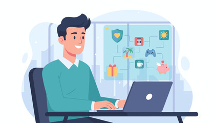 Man working on laptop with employee benefits concept icons displayed on screen: insurance shield, paid vacation island, gift box, coffee cup, gaming controller, and piggy bank with wings