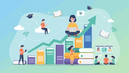 Vibrant vector illustration depicting the concept of online education and learning, featuring diverse people engaging with technology, books, and a rising graph symbolizing academic growth and