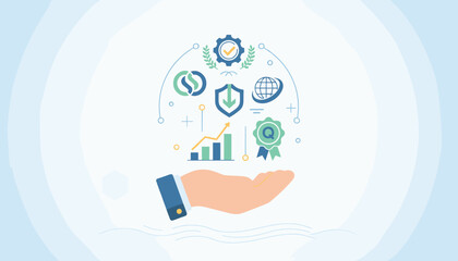 Conceptual illustration of a hand presenting a collection of business and quality assurance icons, symbolizing top-tier service, global reach, security, and growth, set against a clean, light blue