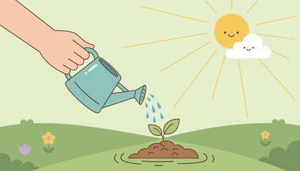 A gentle hand waters a tiny green sprout emerging from rich soil, bathed in the warm glow of a smiling sun and fluffy cloud, symbolizing growth, nurturing, and the beauty of nature's cycle in a