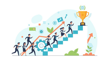 Vibrant illustration of a diverse team of professionals in business attire running up a staircase towards a golden trophy, symbolizing growth, success, achievement, teamwork, and career advancement