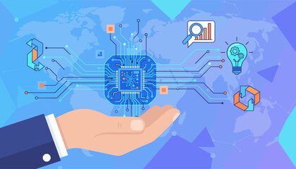 Conceptual illustration of a human hand holding a glowing blue AI electronic circuit board, symbolizing technology, innovation, and global networking, set against a world map background with