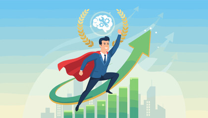 Superhero businessman in a blue suit and red cape soaring upwards on a green arrow graph, symbolizing business growth, success, and achievement, with a laurel wreath and brain icon overhead against a