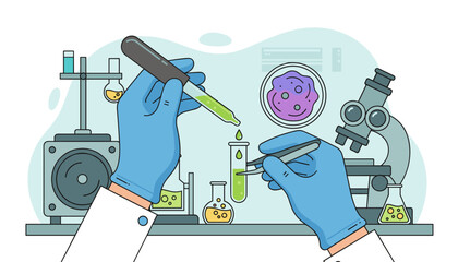 Close-up illustration of a scientist's hands in blue gloves conducting a laboratory experiment, using a dropper to add liquid to a test tube, tweezers holding a sample, with a microscope and petri