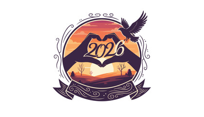 Heart-shaped hands forming the year 2026 silhouette against a vibrant sunset sky with a dove flying above, symbolizing new beginnings and hope for the future, set within a decorative circular frame