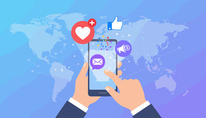 Hands of a man using a smartphone with social media notifications like a heart, thumbs up, email, and megaphone with dollar sign, against a backdrop of a world map, symbolizing global digital