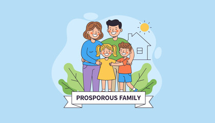 Charming vector illustration of a happy, prosperous family of four, including parents and two children, embracing warmly in front of a stylized house and sunny sky, symbolizing home, unity, and