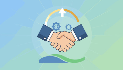 Illustration of a successful business partnership with a handshake, gears symbolizing collaboration, and an upward arrow indicating growth and progress, set against a gradient background with