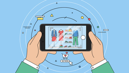 Hands holding a mobile smartphone, displaying an online clothing store interface with mannequins, dresses, shirts, pants, bags, and shoes, with a shopping cart and 'Buy Now' button, illustrating