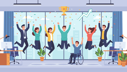 Diverse group of happy office workers and employees jumping for joy in a modern office setting, celebrating success with confetti and a golden trophy, symbolizing teamwork and achievement, with a