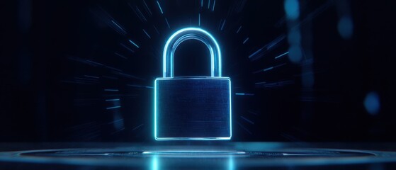 The Padlock of Digital Security Glowing in Futuristic Blue Neon Light