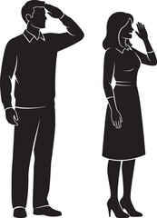 Man and woman silhouette, saluting pose, standing together, black outline, vector art, minimalist design, white background, respect gesture, couple illustration