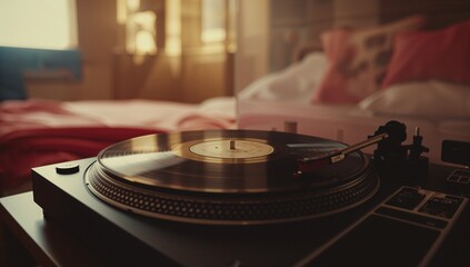 Spinning black vinyl record on turntable in softly lit bedroom, featuring tonearm stylus and knobs