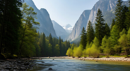 Yosemite Valleys Serene River View with Towering Mountains.