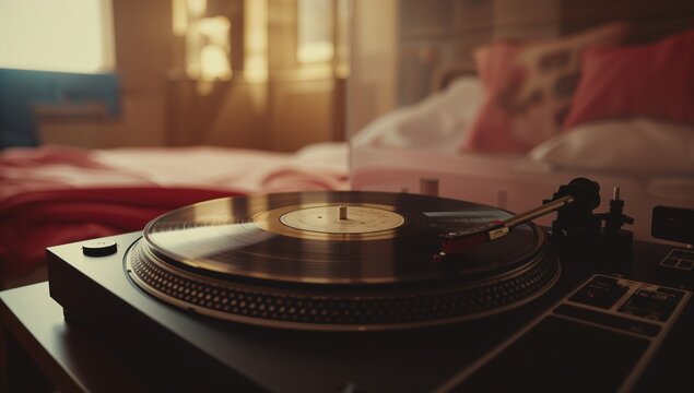 Spinning black vinyl record on turntable in softly lit bedroom, featuring tonearm stylus and knobs