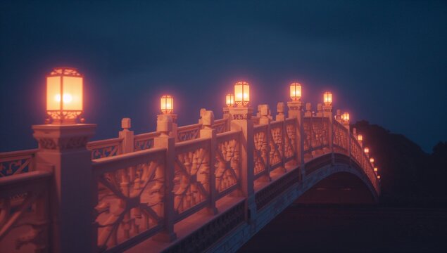 Shining stone bridge arching across park pond at dusk, with carved motifs and glowing lanterns
