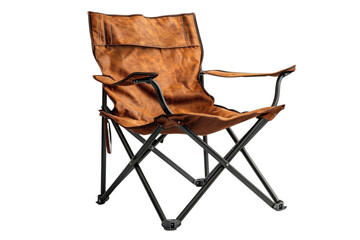 Stylish brown leather camping chair with a black metal frame outdoors on transparent background