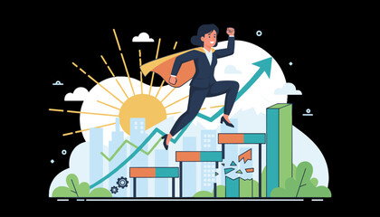Dynamic illustration of a determined businesswoman in a superhero cape leaping over broken steps on a rising staircase, symbolizing overcoming obstacles and achieving success, set against a backdrop