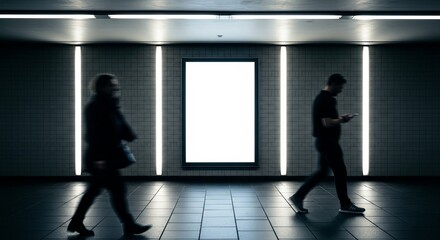 Obraz premium Blurred figures walk past a bright empty advertising display in a modern subway station setting.
