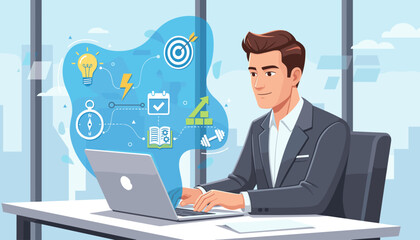 Focused businessman working on a laptop, surrounded by icons representing personal growth, creativity, vision, motivation, and success, symbolizing career development and goal achievement in a modern