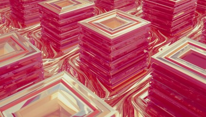Showing central column stacking square frames on reflective pink surface, with metallic accents