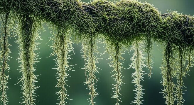 Lush green moss delicately hangs from a branch, creating a serene and natural botanical composition.