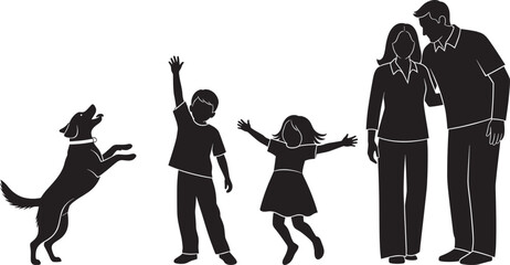 Happy family silhouette with children and dog, joyful outdoor moment, black vector illustration for parenting, bonding, lifestyle, love, play, togetherness, design