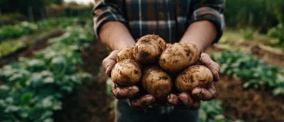 The potatoes freshly unearthed and held in muddy hands on a small organic farm