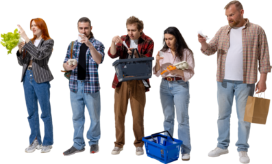 Group of people comparing grocery receipts with frustrated expressions on transparent background. Concept of rising food costs, daily budgeting, and consumer awareness in retail shopping.