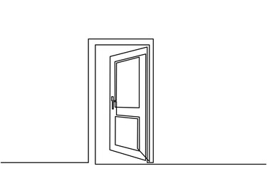 continuous line drawing of an open door, concept of opportunity, freedom, and new beginnings, open door isolated on a white background.One-line open door vector illustration.