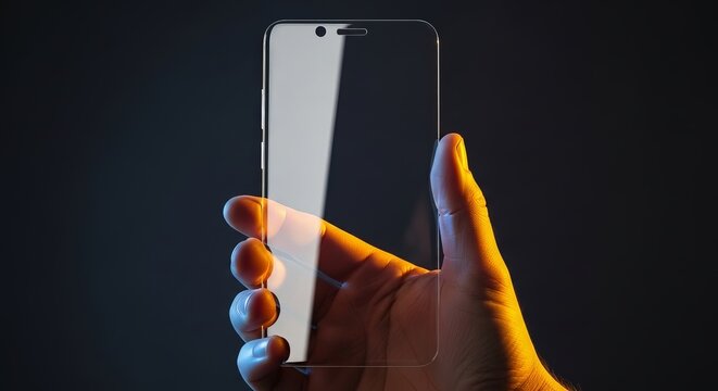A Hand Delicately Holds A Clear Phone Shaped Screen Protector Against A Dark Softly Lit Backdrop