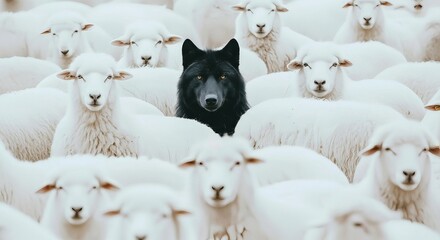 A black wolf strategically blends into a flock of white sheep, creating visual contrast and tension.