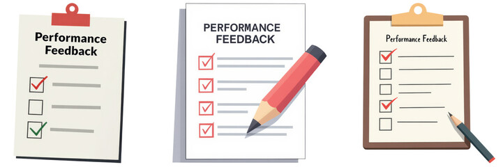 Set of employee feedback and HR survey. Three sheets of paper displaying performance feedback with checkboxes and a pencil, emphasizing assessment and evaluation.